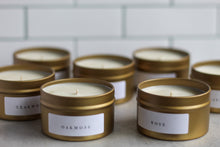 Load image into Gallery viewer, Scented Soy Candle Gift Box, 4 oz Gold Tin Candle Gift Set, Custom Message- Set of 4