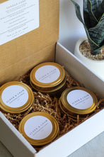 Load image into Gallery viewer, Scented Soy Candle Gift Box, 4 oz Gold Tin Candle Gift Set, Custom Message- Set of 4
