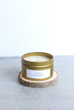Load image into Gallery viewer, Fall Nights Soy Candle, Hand Poured, Natural, Eco Friendly, Earthy Scent, Fall Candle, 4 oz Tin