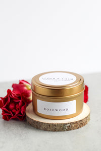 Rosewood Soy Candle, Hand Poured, Natural, Eco Friendly, Earthy Scent, 4 oz Tin