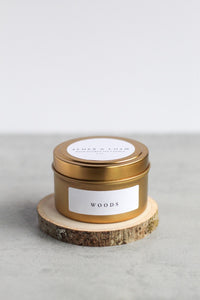 Woods Soy Candle, Hand Poured, Natural, Eco Friendly, Earthy Scent, 4 oz Tin
