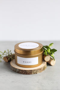 Woods Soy Candle, Hand Poured, Natural, Eco Friendly, Earthy Scent, 4 oz Tin