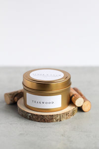 Teakwood Soy Candle,  Hand Poured, Natural, Eco Friendly, Earthy Scent, 4 oz tin