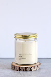 Sun Soy Candle, Hand Poured, Natural, Eco Friendly, Unique Masculine Scent, 7 oz Jar